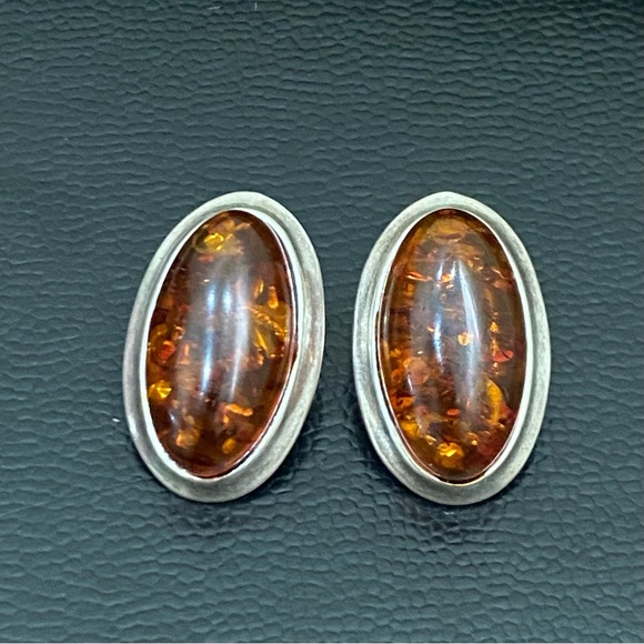 Vintage Sterling Silver Handcrafted Cabochon Oval Baltic Amber Earrings 7.4g - Picture 3 of 15